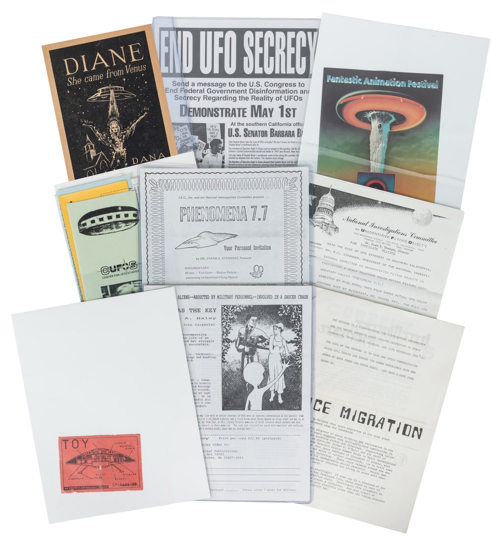 Group of UFO Flyers and Adjacent UFO Ephemera. 16 pieces.: Group of UFO Flyers and Adjacent UFO Ephemera. 16 pieces. Late 20th century. Includes Center for UFO Studies Chicago, End UFO Secrecy Demonstrations, Diane: She came from Venus, National Investigation
