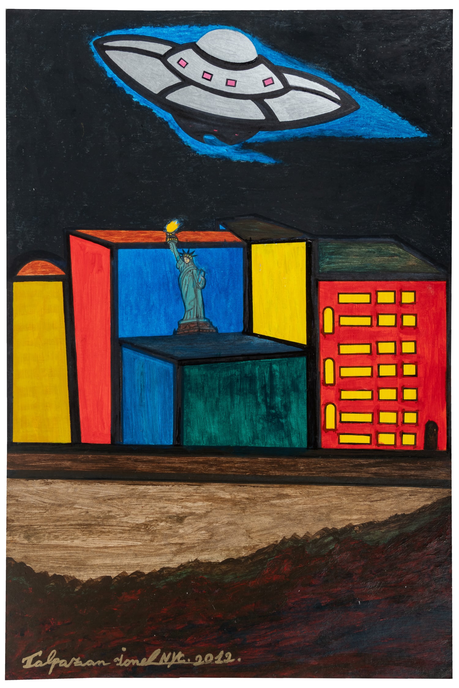TALPAZAN, Ionel (Romanian, 1955-2015). Untitled. 2012.: TALPAZAN, Ionel (Romanian,1955 - 2015). Untitled (UFO over Statue of Liberty). 2012. Signed and dated lower right and verso (“Artist Identity” with handprints). Mixed media on paper/board.