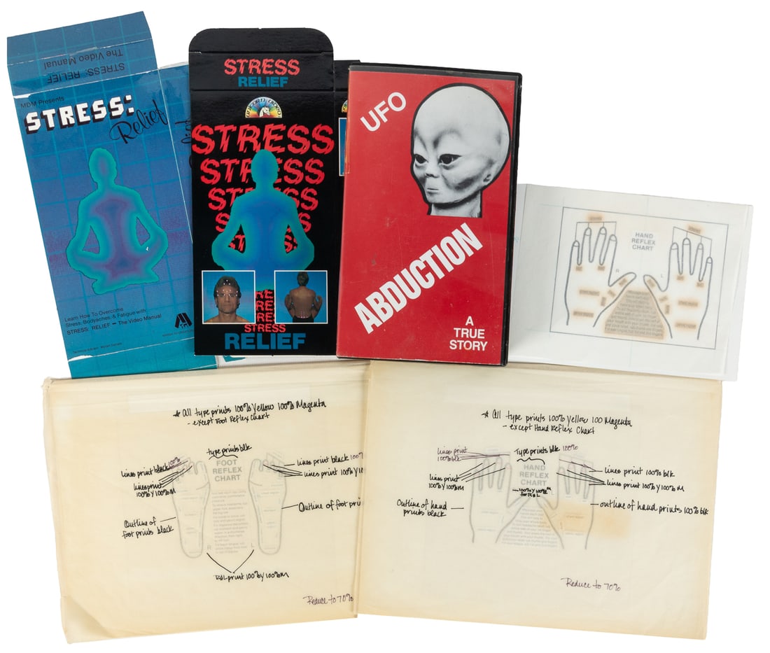 UFO Abduction: A True Story.: UFO Abduction: A True Story. Arcturas Studios, 1991. VHS tape. [Together with]: Packaging and graphics for "Stress Relief" video. Includes keyline and pasteup graphics with various design elements. 19