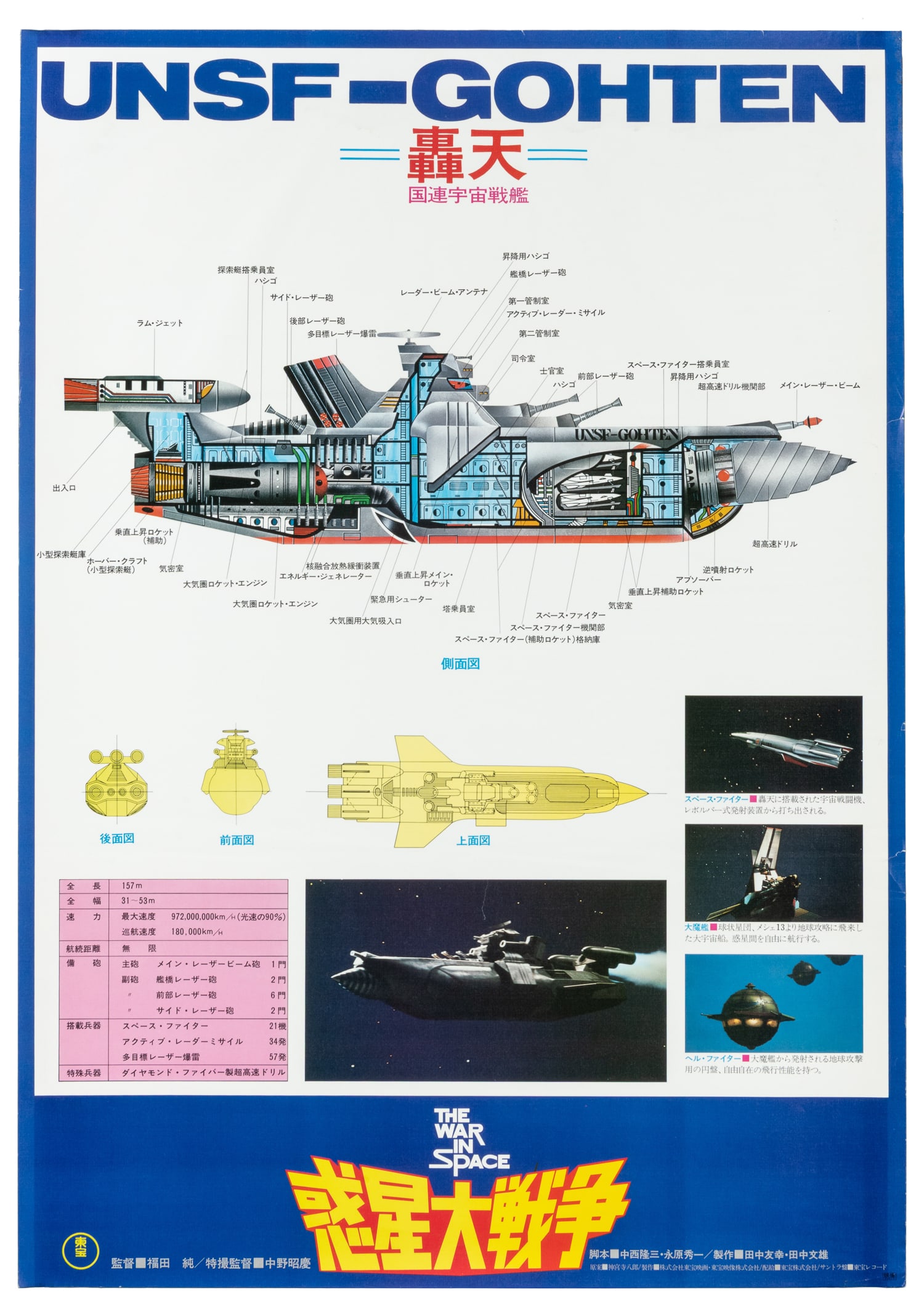 UNSF-GOHTEN The War in Space. Japan. 1977.: UNSF-GOHTEN The War in Space. Japan, 1977. Diagram of the Gohten, the drill-nosed spaceship that appears in The War in Space, a Tokusatsu sci-fi film produced by Toho Studios. The Japanese film was