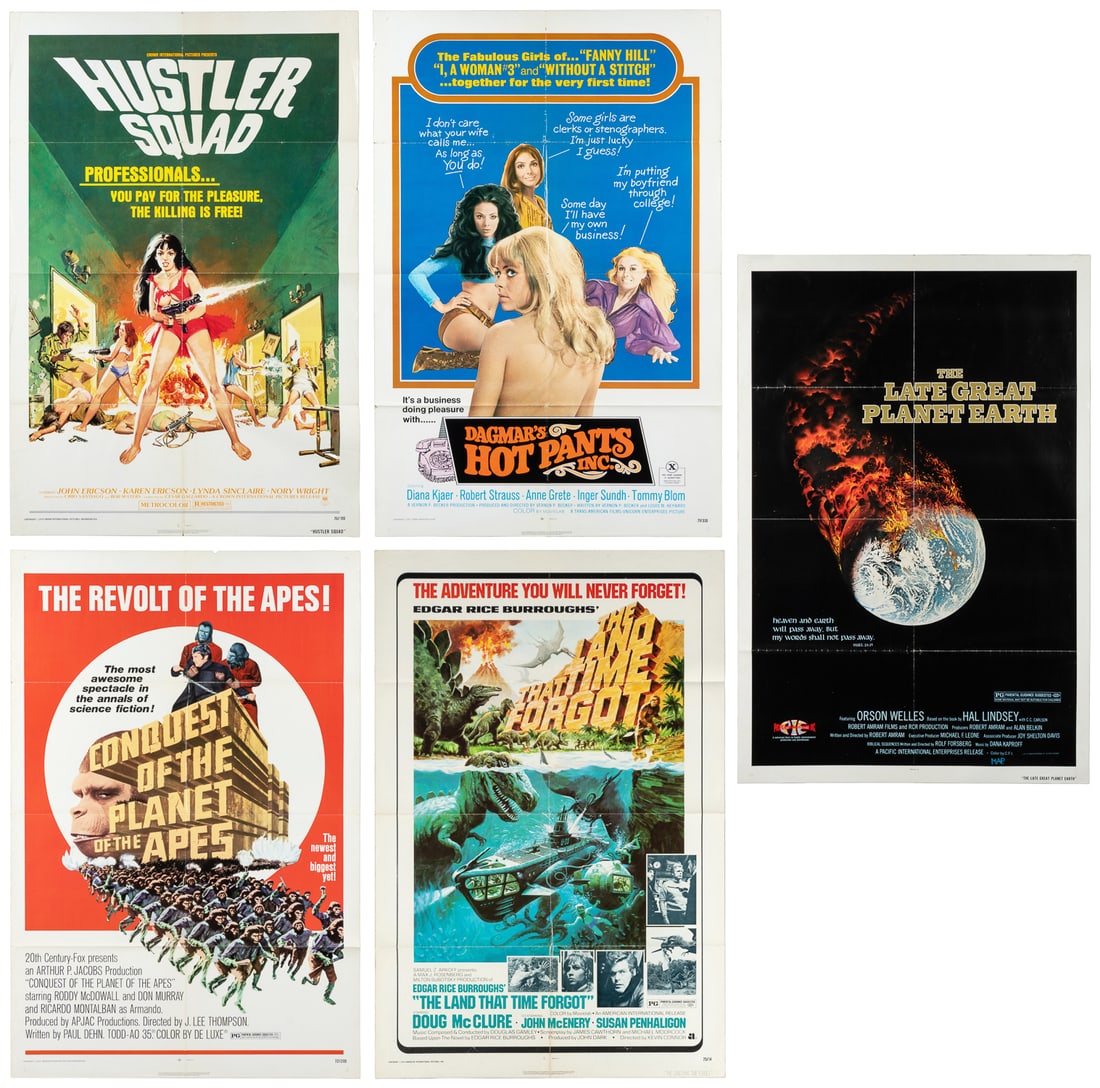 Five one-sheet 1970s sci-fi and exploitation movie posters.: Five one-sheet 1970s sci-fi and exploitation movie posters. Titles include: The Late Great Planet Earth (1979), Hustler Squad (1976), Conquest of the Planet of the Apes (1972), The Land that Time