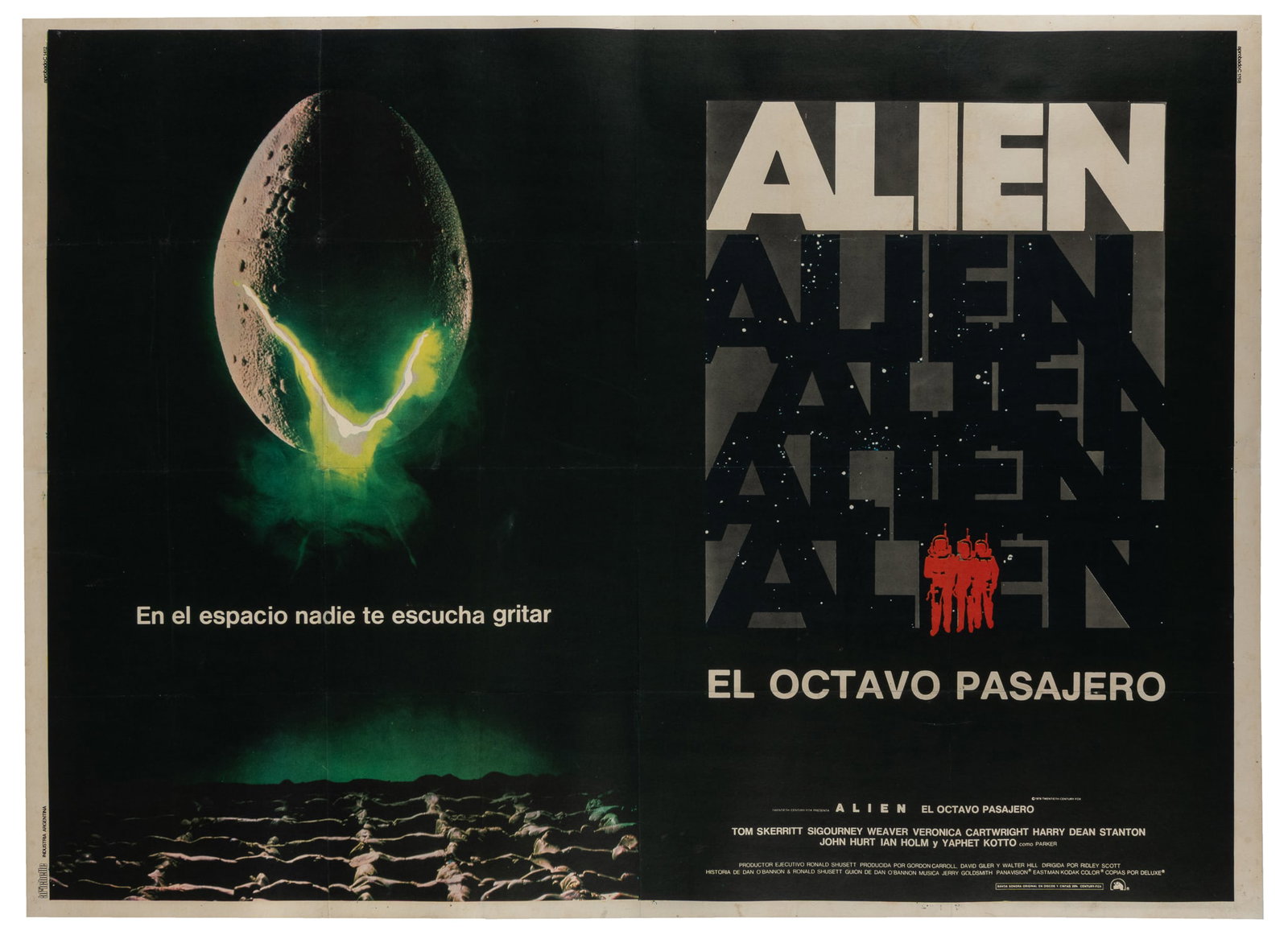Alien. 20th Century Fox, 1979.: Alien. 20th Century Fox, 1979. Argentine two-sheet (42 1/2 x 58") lithograph poster displaying both the U.S. one sheet and advance one sheet posters for the Academy Award-winning sci-fi horror film