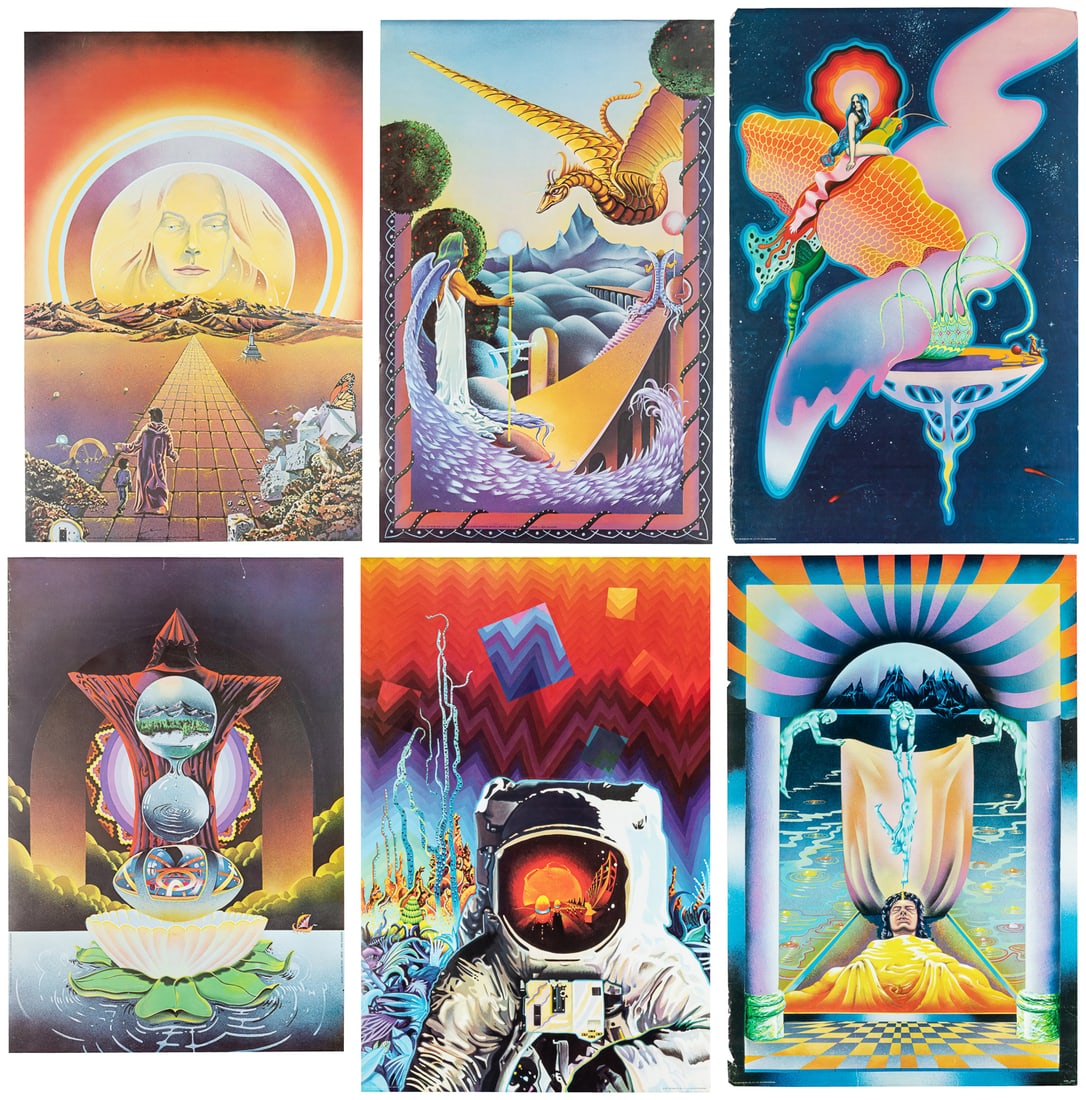 The Third Eye. Group of 6 psychedelic posters.: The Third Eye. Group of 6 psychedelic posters. The Third Eye, Inc., New York, 1972. Group includes: Wings of a Dream; Spaceman; Birth; Future Past; The Visitor; and The Teacher Artist. Most designed
