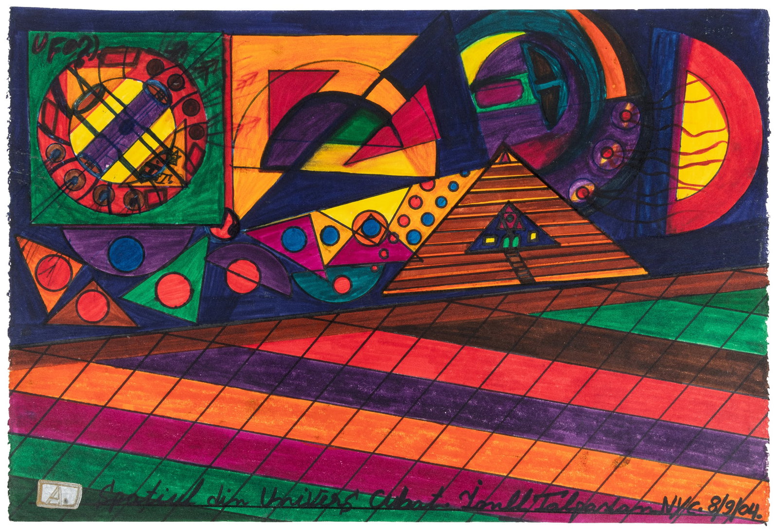 TALPAZAN, Ionel (Romanian, 1955-2015). Spatial dim Univers Cubat. 2004.: TALPAZAN, Ionel (Romanian, 1955-2015). Spatial dim Univers Cubat. 2004. Signed and dated lower right and artist's identification to verso (handprints). Mixed media on paper. 15 x 22". Purchased