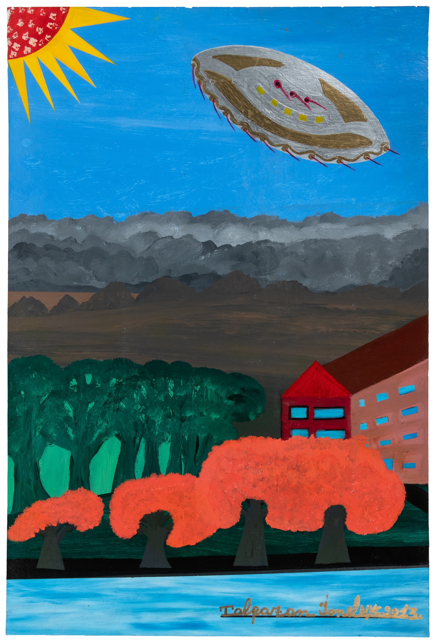 TALPAZAN, Ionel (Romanian, 1955-2015). Untitled (UFO Over House and Trees). 2013.: TALPAZAN, Ionel (Romanian, 1955-2015). Untitled (UFO Over House and Trees). 2013. Signed and dated lower right and verso (“Artist Identity” with handprints). Mixed media on paper/board.
