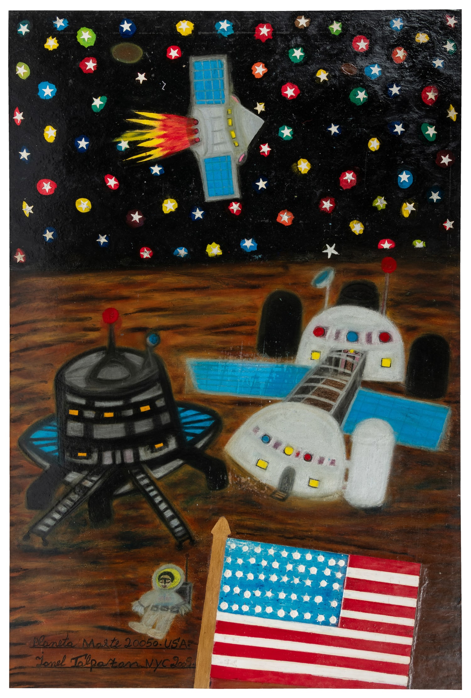 TALPAZAN, Ionel (Romanian, 1955-2015). Planeta Marte 20050 USA. 2005.: TALPAZAN, Ionel (Romanian, 1955-2015). Planeta Marte 20050 USA. 2005. Signed and dated lower right and verso (“Artist Identity” with handprints). Mixed media on paper/board. 30 x 20".