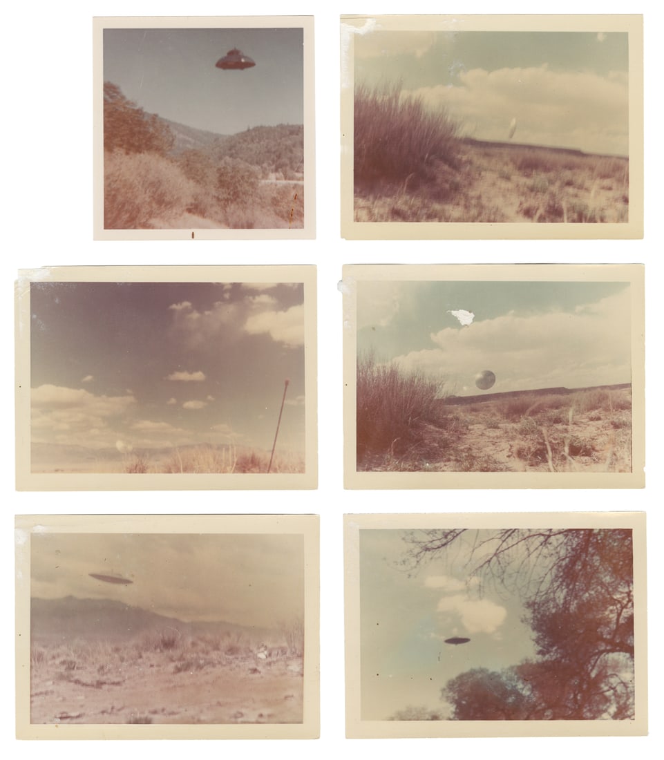 Collection of 6 Snapshots of UFOs.: Collection of 6 Snapshots of UFOs. Circa 1965. Location of mountain desert unknown. Each 3 x 5" (except one 3 x 3").