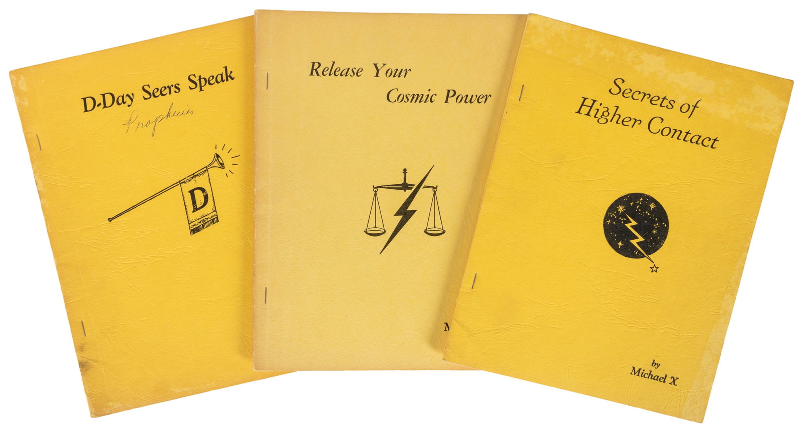 Three Early UFO Zines by Michael X.: Three Early UFO Zines by Michael X. Including: Secrets of Higher Contact; Release Your Cosmic Power; and D-Day Seers Speak. All published in 1959 or 1961 by Futura Press, Los Angeles, California.