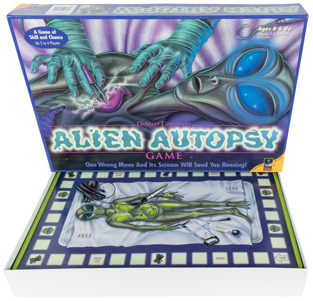 Alien Autopsy Game. Damert Company, 1996.: Alien Autopsy Game. Damert Company, 1996. This game is similar to Operation except with an alien as the patient. All pieces appear to be present. This game has not been played. 13 x 29 x 3".
