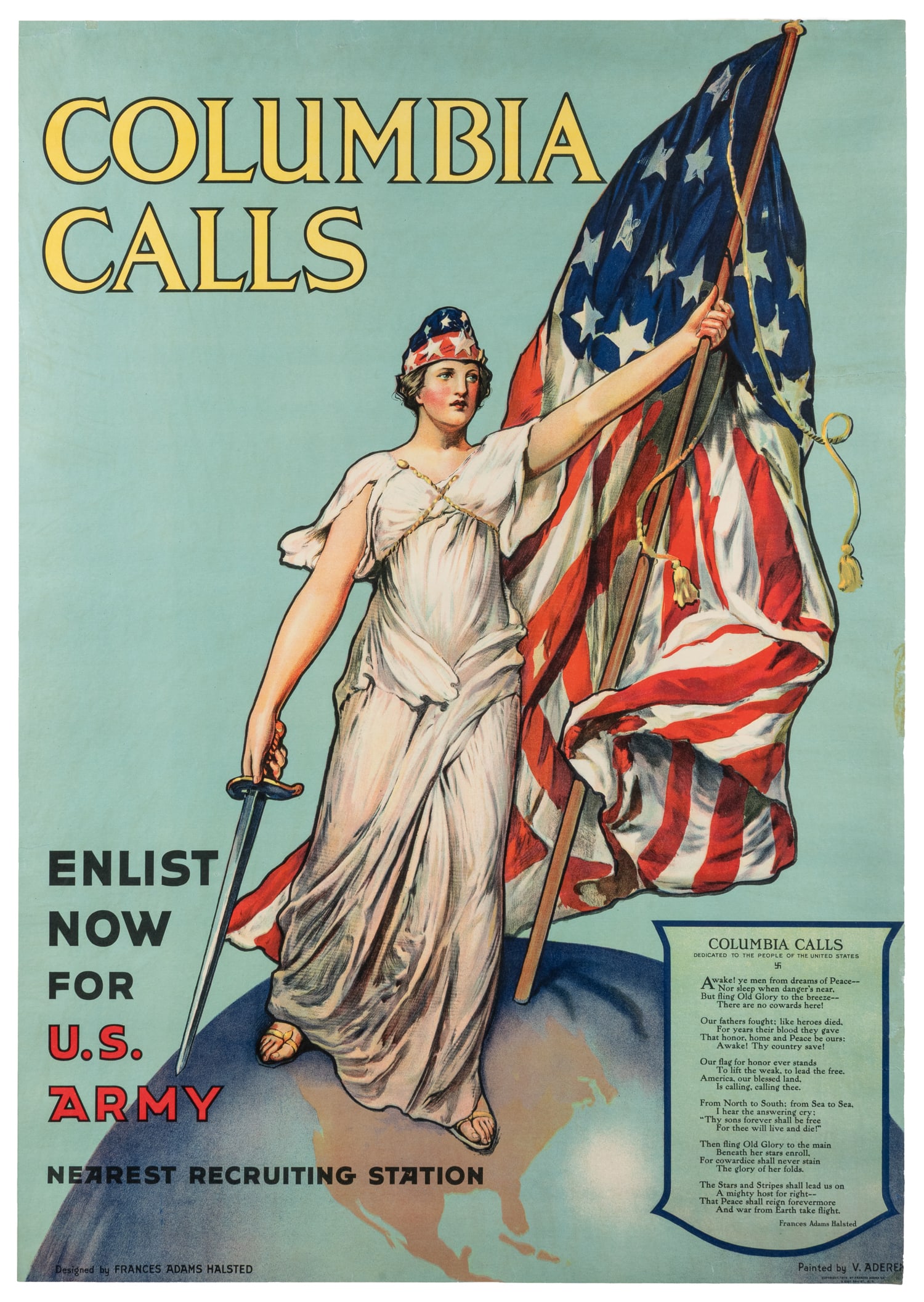 World War I: "Columbia Calls" Recruiting Poster.: World War I: "Columbia Calls" Recruiting Poster. One of the best posters from the "Great War" era. Measures 27” x 39”, and is linen backed. Fantastic WWI recruiting poster with colorful gr