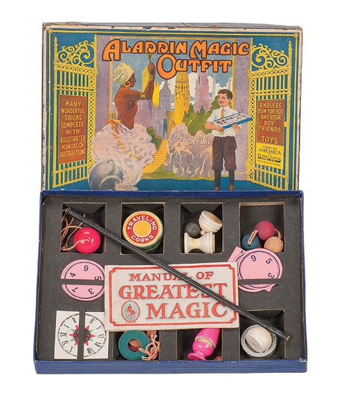 4. P & L Aladdin Magic Outfit, ca. 1930: 4. Aladdin Magic Outfit. New Haven Connecticut, Petrie & Lewis, ca. 1930. Magic set with elaborately lithographed cover, containing nine tricks in wood and paper. Box measures 12 x 9 x 1 ¼”. Worn a