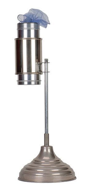 25. P & L Bogert Tube (club model), ca. 1957.: 25. Bogert Tube (club model). New Haven, Petrie & Lewis, ca. 1957. An empty tube is filled with water and set in a stand, capped with paper to make a drumhead, and then dry silks are produced. Finally