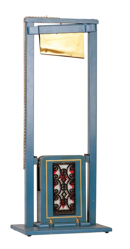 30. Jumbo Card Guillotine. Bob Kline, ca. 1985.: 30. Jumbo Card Guillotine. Indiana Pennsylvania, Bob Kline, ca. 1985. A selected jumbo card is found by the blade of this guillotine, which cuts to it as it falls into the deck. 23” high. The only u