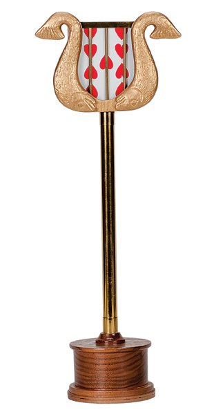 33. Lyre Card Rise. Douglas-Wayne, ca. 1998.: 33. Lyre Card Rise. Macomb Illinois, Douglas-Wayne, ca. 1998. Selected cards rise from a pack resting in a carved wooden holder on top of a brass stand. Modeled after apparatus depicted in Hoffmann’