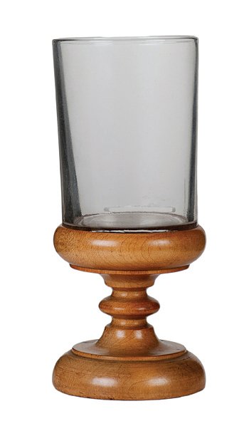 63. Devil Glass and Thayer-turned Pedestal. ca. 1936.: 63. Devil Glass and Thayer-turned Pedestal. Los Angeles, Thayer Manufacturing, ca. 1936. Gimmicked tumbler allows the magician to secretly steal a coin from inside it. With instructions. Turned hardwo
