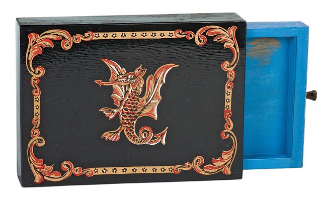 75. Drawer Box (Caixa Para Aparaicao de Rolas). 1960.: 75. Drawer Box (Caixa Para Aparaicao de Rolas). Portugal, Magiarte, ca. 1960. Drawer opens and closes making objects disappear, change, or appear. Hand-painted wood. 7 ¼ x 5 ¼ x 1 ½”. With instru