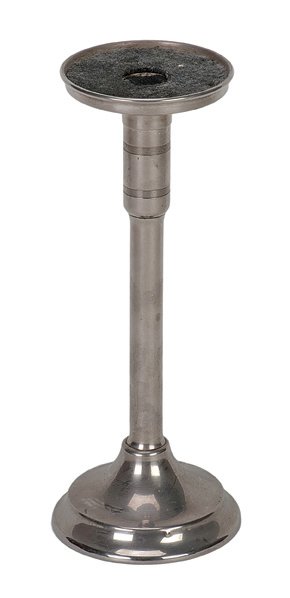 108. Handkerchief Pedestal. Sherms Inc., ca. 1930.: 108. Handkerchief Pedestal. Bridgeport, Sherms Inc., ca. 1930. Nickel plated pedestal which secretly introduces a handkerchief in to a glass tumbler. Spring-loaded mechanism. 9 ¼” high.
