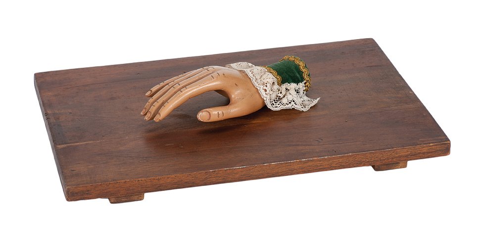 168. Rapping Hand. Asuza, Owen Magic Supreme, ca. 1985.: 168. Rapping Hand. Asuza, Owen Magic Supreme, ca. 1985. A carved wooden hand on a wooden board mysteriously raps out answers to questions posed by the audience. Hallmarked. Good.