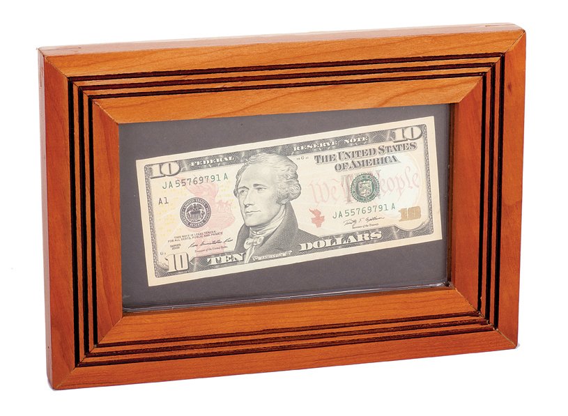 175. Sand Frame – Dollar Bill Size. Bob Kline, ca. 1975: 175. Sand Frame – Dollar Bill Size. Indiana Pennsylvania, Bob Kline, ca. 1975. A hundred dollar bill appears or vanishes in this hardwood frame. Cherry frame measures 9 ¾ x 6 ¾”. With cloth bag 