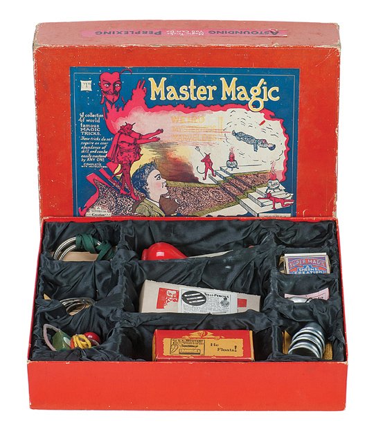 179. Master Magic Set “1”. Sherms Inc., ca. 1930.: 179. Master Magic Set “1”. Bridgeport, Sherms Inc., ca. 1930. Deluxe set includes glass Prayer Vase, miniature Linking Rings, metal Cups and Balls, pull vanisher, Levitation of Larry, Telli-Pencil