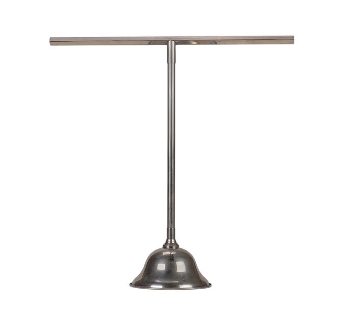 199. Sympathetic Silk Stand. P & L, ca. 1930.: 199. Sympathetic Silk Stand. New Haven, Petrie & Lewis, ca. 1930. Apparently innocent t-bar-type stand which facilitates the performance of the Sympathetic Silk trick. Nickel plated brass. 20 ½” hi