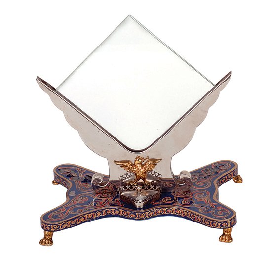 203. Television Card Frame. Magiarte, ca. 1966.: 203. Television Card Frame. Portugal, Magiarte, ca. 1966. A selected card appears between two panes of glass resting in an elaborate, hand-painted metal stand. 13” overall height. Paint on base flak