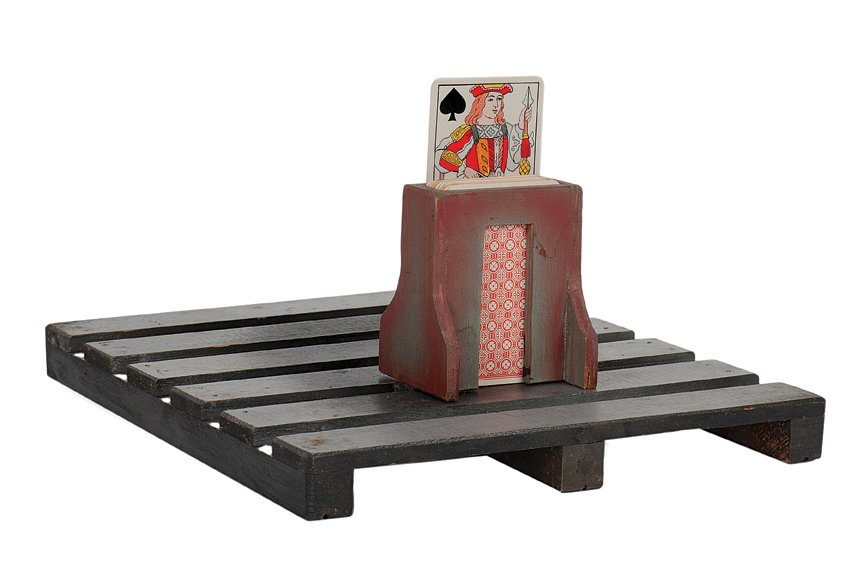 217. Val Evans Card Rise. Abbott’s, ca. 1959.: 217. Val Evans Card Rise. Colon Michigan, Abbott’s Magic Co., ca. 1959. Selected cards rise from a wooden Houlette resting on a slat-frame tray. Tray can be covered with a cloth, and all props are e