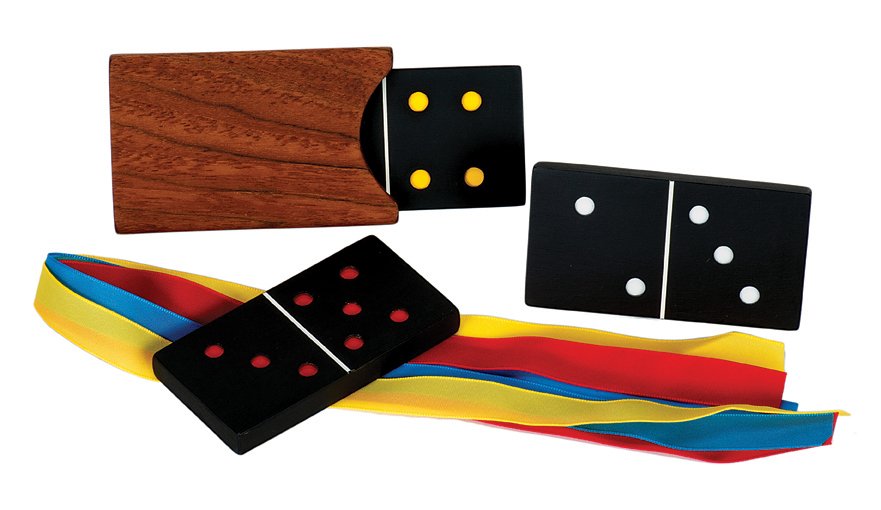 231. Do-Mini-O. Middlesex, Alan Warner, ca. 1990.: 231. Do-Mini-O. Middlesex, Alan Warner, ca. 1990. A black domino with white spots is passed through a small container. The spots change color. This is repeated twice more, with two other dominos. The 