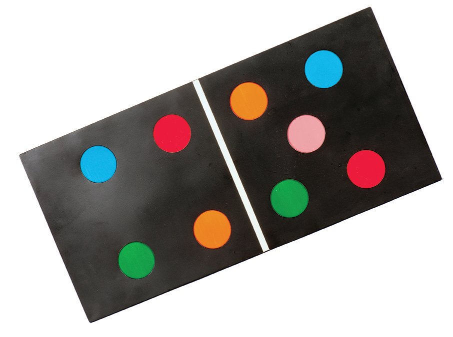 232. Double-Trouble. Middlesex, Alan Warner, ca. 1990. : 232. Double-Trouble. Middlesex, Alan Warner, ca. 1990. A sucker trick. The spots on a large domino change from white to orange. Just when the audience believes it knows the secret, the spots change ��
