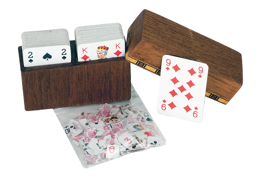 234. Karate Kard. Middlesex, Alan Warner, ca. 1990. : 234. Karate Kard. Middlesex, Alan Warner, ca. 1990. A chosen card from a playtime pack of miniature pasteboards is placed into a box. When the box is opened, all of the cards have been cut into tiny p