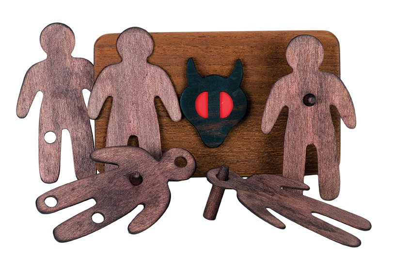 242. Voodoo. Middlesex, Alan Warner, ca. 1990.: 242. Voodoo. Middlesex, Alan Warner, ca. 1990. A small wooden manikin is stabbed in one of four spots with a wooden peg. The magician then tips a second manikin out of a teakwood box. There is only on