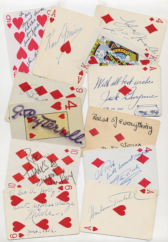 258. 18 Magicians’ autographs on playing cards.: 258. [Autographs] 18 Magicians’ autographs on playing cards. Some with inscriptions, and including the signatures of LePaul, Geo. Johnstone, Jean Hugard, L. L. Ireland, Walter B. Gibson, Karl Germai