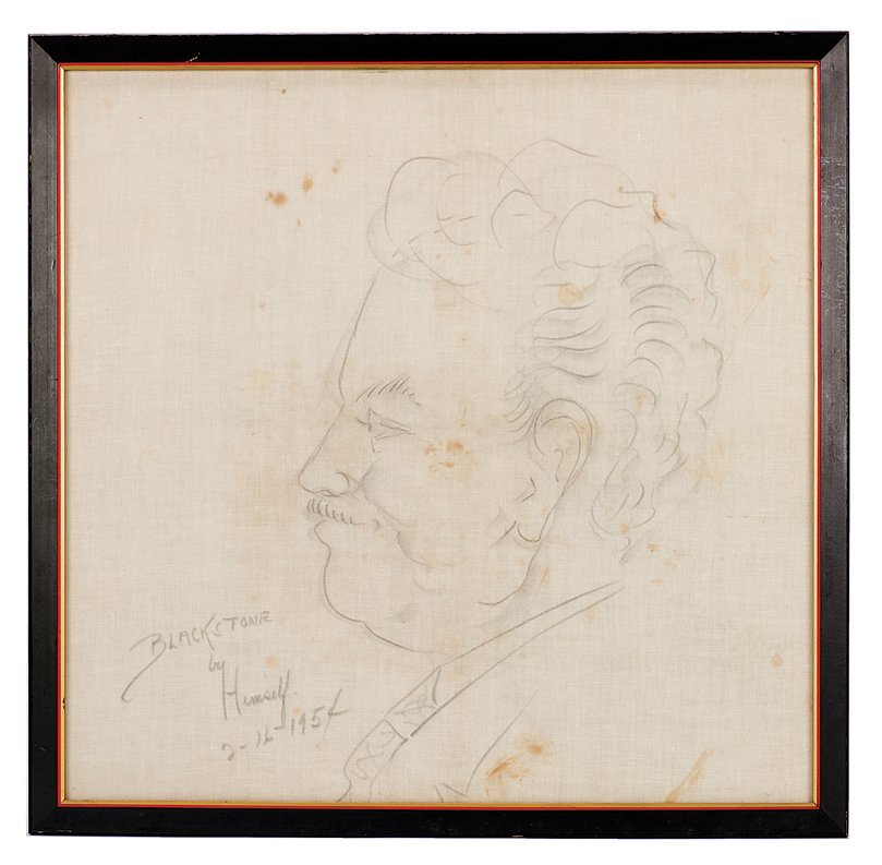 261. Harry Blackstone self portrait on cloth.: 261. Blackstone, Harry (Henry Boughton). Self-portrait of Harry Blackstone, Sr. on cloth. The great American magician’s trademark self-portrait caricature, executed in charcoal on cloth. Framed. 19 