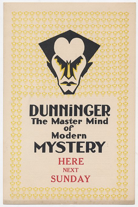 282. Group of Joseph Dunninger, mentalist, memorabilia.: 282. Dunninger, Joseph. Group of Dunninger memorabilia. Including 8 x 10” sepia tone photograph with studio blind stamp, advertising flyer ca. 1927, “Amazing Dunninger” admission ticket, group o