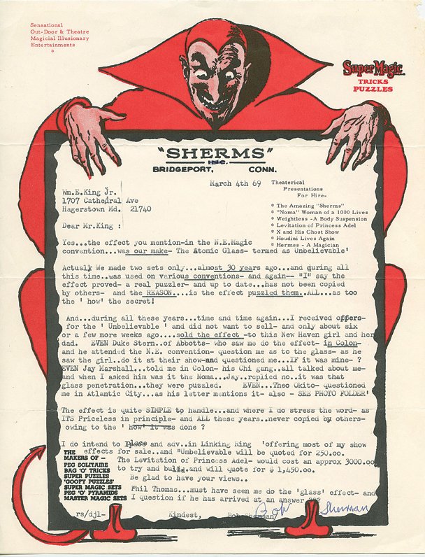 309. Over 100 pieces of Sherms the magician ephemera.: 309. Sherms (Robert Sherman). Over 100 pieces of Sherms the magician/Sherms Inc. ephemera. Including correspondence, advertising novelties, playing card proof sheets, packaging, advertising flyers and