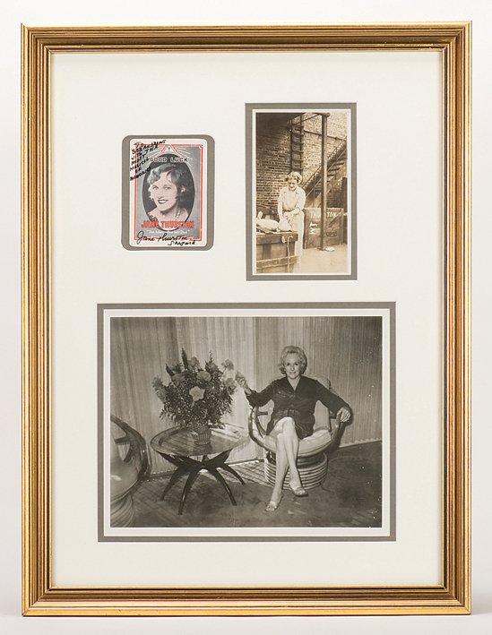 322. Collage of Jane Thurston ephemera.: 322. Thurston, Jane. Collage of Jane Thurston ephemera. Including a Thurston throw-out card inscribed and signed by Jane Thurston; a candid photograph of her in a theatre alley, surrounded by trunks b