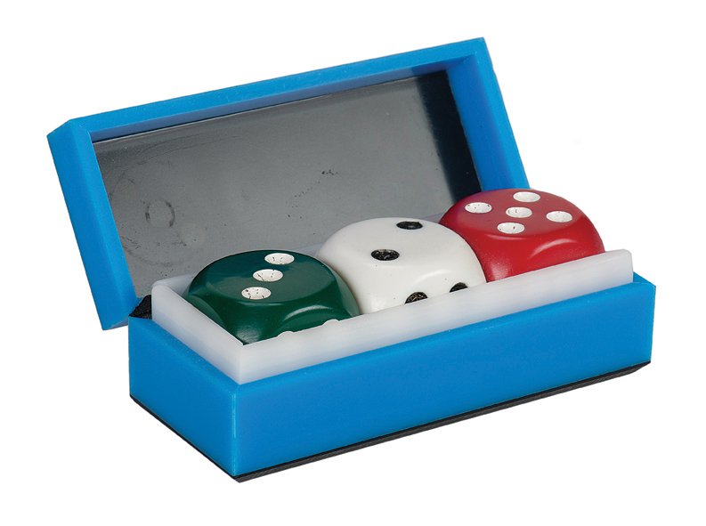 346. Uncanny Die (Jumbo). Eddy Taytelbaum, ca. 1970.: 346. Uncanny Die (Jumbo). Holland, Eddy Taytelbaum, ca. 1970. Three dice are seen in a small box. One is removed and vanishes, only to reappear inside the closed box. Box 3 ½” long. Fine.
