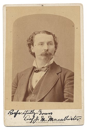 379. Portrait of magician J.M. Macallister, ca. 1880.: 379. Macallister, J.M. Portrait of magician J.M. Macallister, inscribed and signed. Montreal, W. Notman, ca. 1880. ½ length portrait in cabinet card format. Inscribed and signed on the mount, “Resp