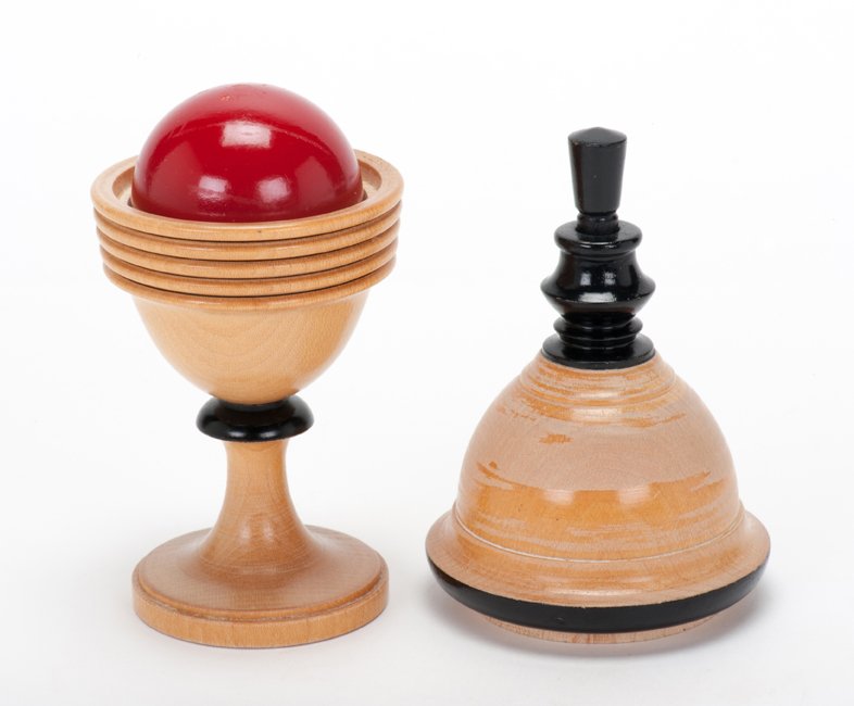 Morrison Pill Box. John McKinven, ca. 1995.: Morrison Pill Box. Lake Forest, John McKinven, ca. 1995. A ball is removed from a vase, vanishes, and reappears inside. Turned maple, with internal mechanism. Ball 1 5/8” diameter, vase 6 ½” high