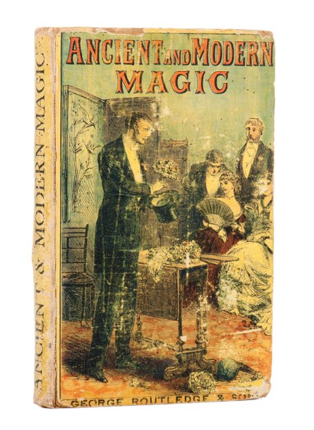 Vere, Arprey. Ancient and Modern Magic. London, (1879).: Vere, Arprey. Ancient and Modern Magic. London: George Routledge and Sons, (1879). Colored pictorial boards. Well illustrated. 12mo. In a drop spine box. Boards considerably rubbed and binding tender;