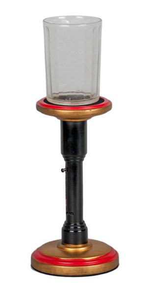 Handkerchief Pedestal. Alhambra, Owen Magic, ca. 1960.: Handkerchief Pedestal. Alhambra, Owen Magic, ca. 1960. Turned wooden pedestal which secretly introduces a handkerchief into a glass tumbler. With glass. Spring-loaded mechanism. Minor paint wear; very