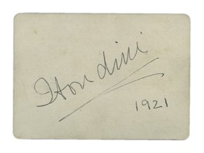 Houdini, Harry. Autographed Houdini playing card.: Houdini, Harry. Autographed Houdini playing card. Poker-size plaid-back Steamboat playing card boldly signed “Houdini” and dated 1921. Near fine condition.