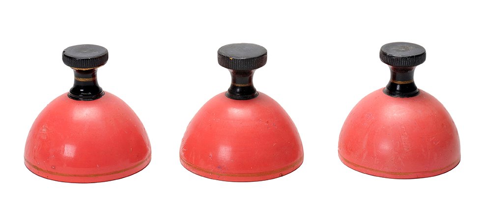 Indian-Style Cups and Balls. Maker unknown, ca. 1950.: Indian-Style Cups and Balls. Maker unknown, ca. 1950. Three turned wooden cups with knobs at their tops, modeled after those used by Indian street performers, known as Jadoo-Wallahs. Mouths 2 ¾” in