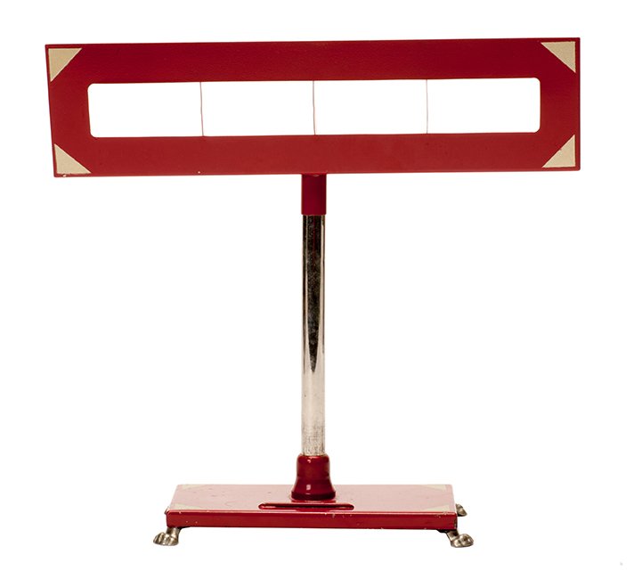 Four Ace Stand. New Haven Connecticut, P&L, ca. 1940.: Four Ace Stand. New Haven Connecticut, P&L, ca. 1940. Specially prepared stand makes possible the magician’s four-ace trick. Painted brass with chromed upright. Claw feet. 13 x 12 ½”. Hallmarked.