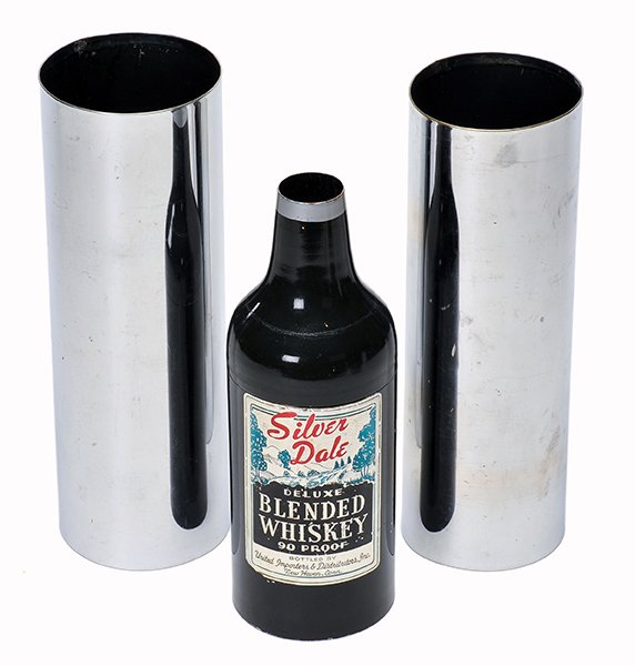 Passe-Passe Bottles. New Haven, Petrie and Lewis.: Passe-Passe Bottles. New Haven, Petrie and Lewis, ca. 1935. Stage-size set of two chrome tubes and three faux bottles which allows the magician to magically transpose the position of the bottle and gl