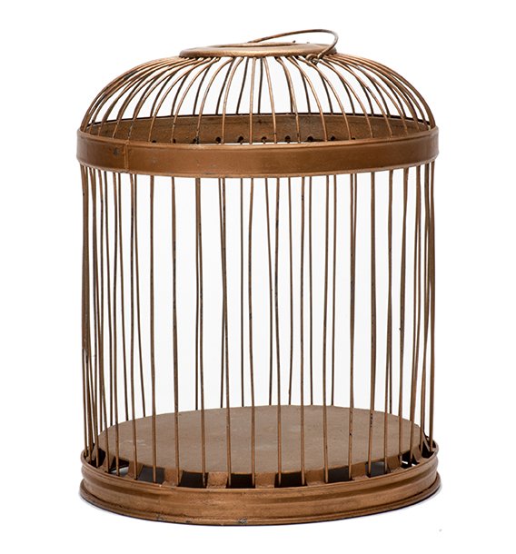 Production Cage. European, ca. 1915.: Production Cage. European, ca. 1915. Substantial metal cage that collapses into a small space and can be produced from a handkerchief. Can accommodate two or three live birds. 10 ½” high.