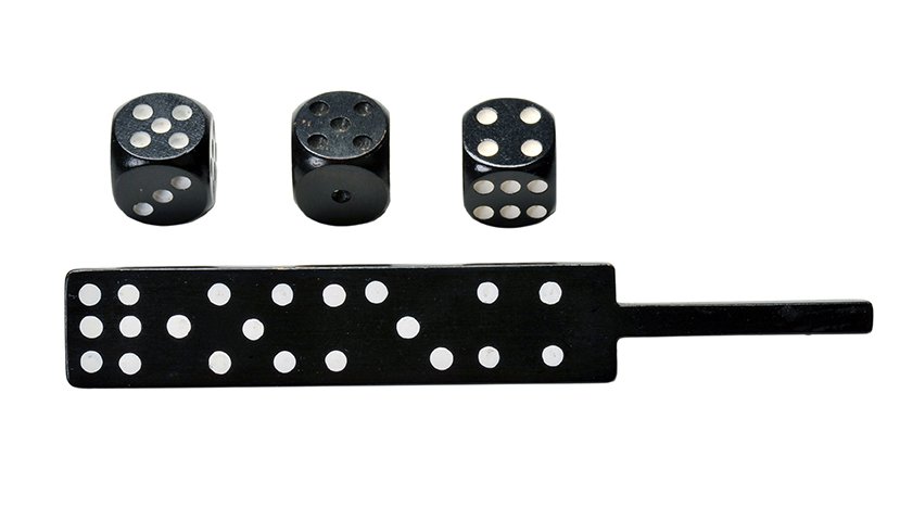Mirage Dice and paddle combination. Eddy Taytelbaum: Mirage Dice and paddle combination. Holland, Eddy Taytelbaum, ca. 1970. Two black dice with no spots suddenly become painted with white spots, which vanished off the surface of a small wooden paddle m
