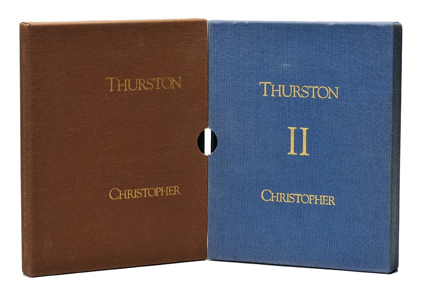 Howard Thurston’s Illusion Show Workbooks. Steinmeyer.: [Thurston] Steinmeyer, Jim (editor). Howard Thurston’s Illusion Show Workbooks Vols. 1 and 2. Pasadena: Magical Publications, 1991 and 1992. Quarter leather over cloth, stamped in gold with matching