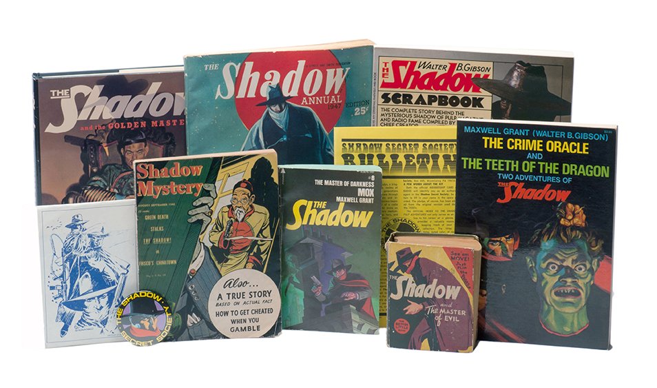 Gibson, Walter. Group of 14 Shadow novels, pulps, etc.: Gibson, Walter. Group of 14 Shadow novels, pulps, and publications. Including The Shadow and the Master of Evil (Big Little Book, 1941), The Shadow Scrapbook (1979, inscribed and signed by Gibson), Th