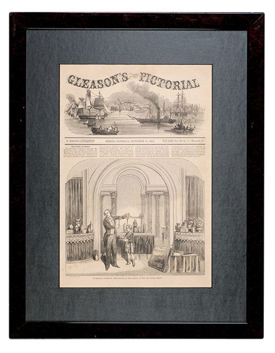 Engraved portrait of Professor Anderson: Anderson, John Henry. Engraved portrait of Professor Anderson. Being the front page of Gleason’s Pictorial for Sept. 25, 1852. Anderson performs the Inexhaustible Bottle in the middle of a well appo